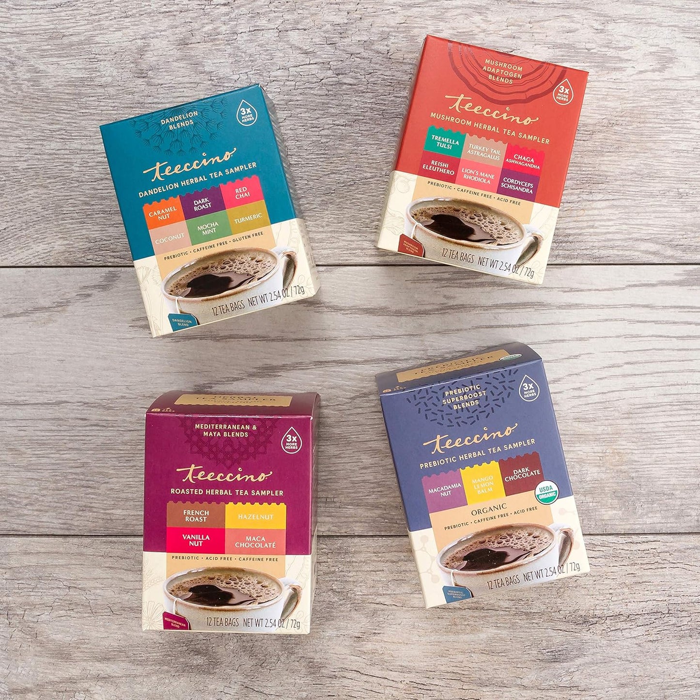 Teeccino Herbal Tea Gift Set - 48 Tea Bag Assortment in 4 Sampler Boxes with Decorative Gift Box - Prebiotic SuperBoost, Dandelion, Mushroom Adaptogen & Classic Herbal Tea Samplers, Caffeine Free