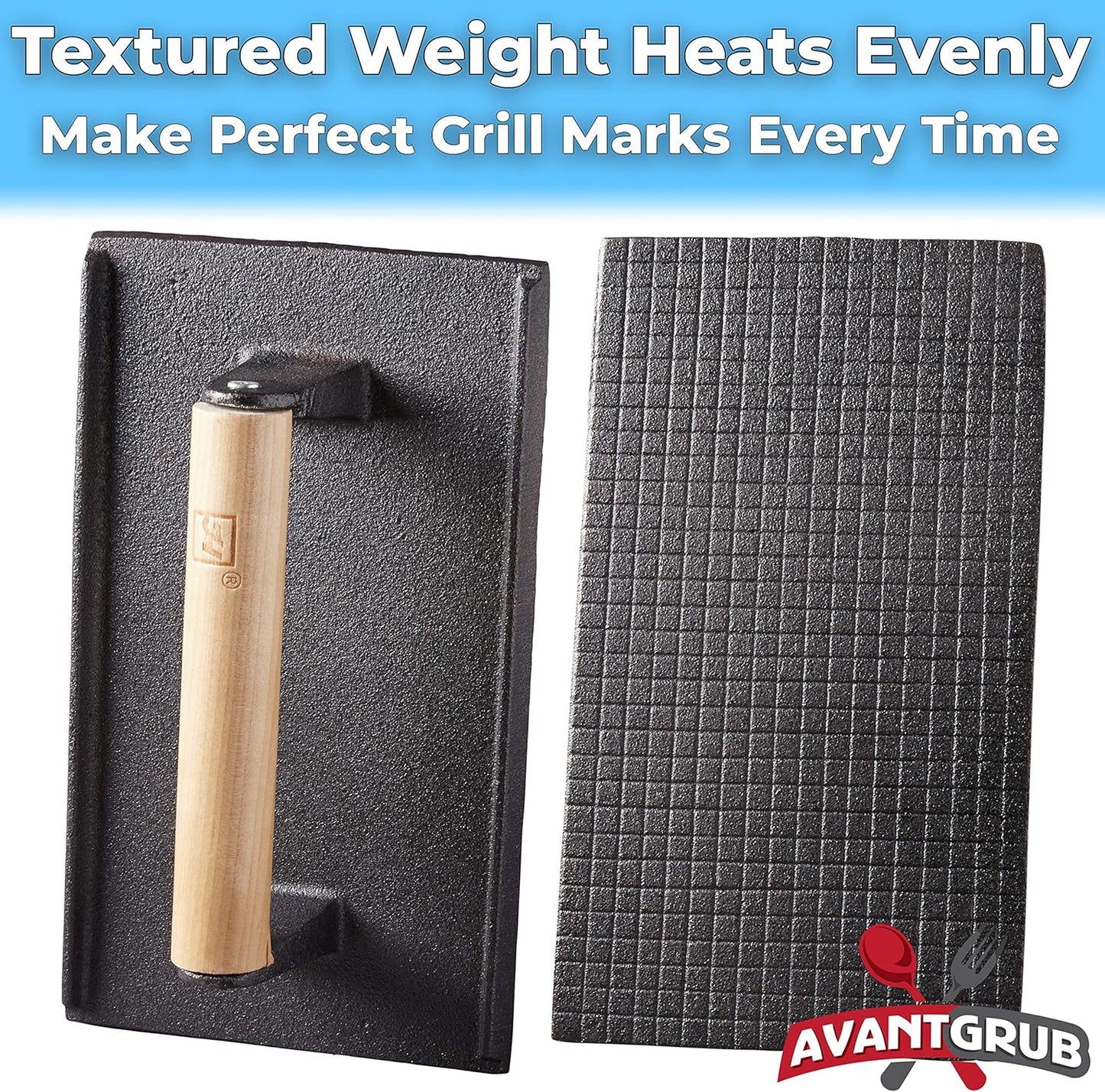 Pro Grade, Pre Seasoned Cast Iron Grill Weight 2Pk. Heavy Duty Steak and Burger Press with Wooden Handle for Grills, Griddles and Flattops. Perfect Gadget for Bacon, Paninis, Sandwiches and Vegetables